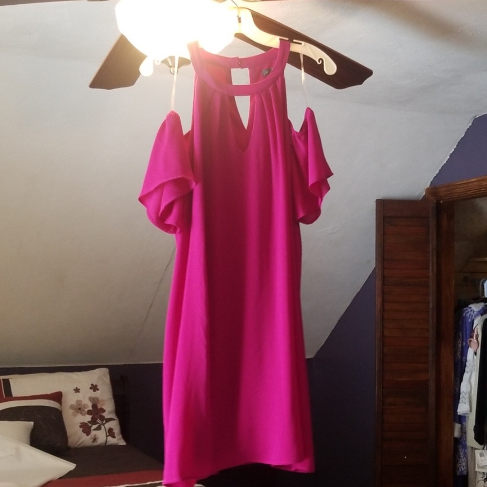 Pink cold shoulder crepe dress
